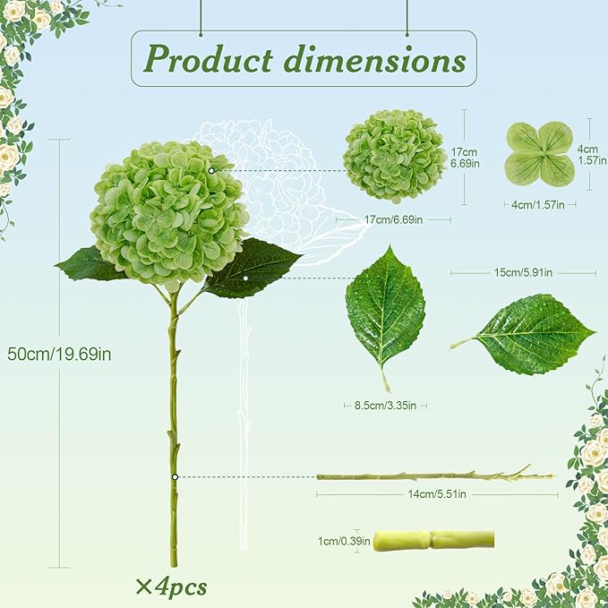 4 Pcs Artificial Hydrangea Silk Flowers with Stems, 19.7" Green Faux Hydrangeas Bouquet, 240 Petals, UV Resistant & Waterproof Fake Flower for Outdoor Wedding Home Decor