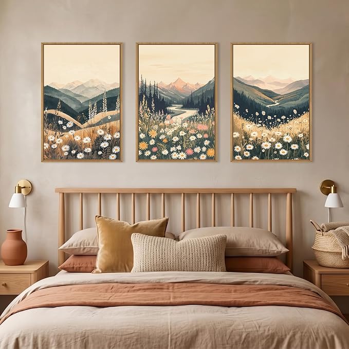 BICERE Large Boho Wildflower Framed Canvas Wall Art,Vintage Mountain Wall Decor,Nature Floral Prints,Rustic Daisy Landscape Artwork for Living Room,Bedroom,Dining Room -16"x24"x3