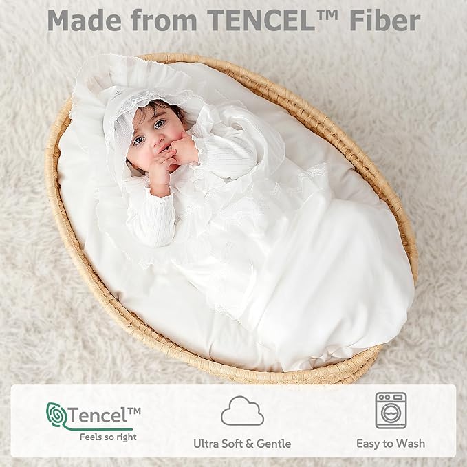 Tencel Baby Baptism Blanket with Hood-Silky Soft Christening Blanket for Boys & Girls, Breathable Tencel Fabric, 39.4×39.4 in, Elegant Gift Box, Perfect for Photography &Gift