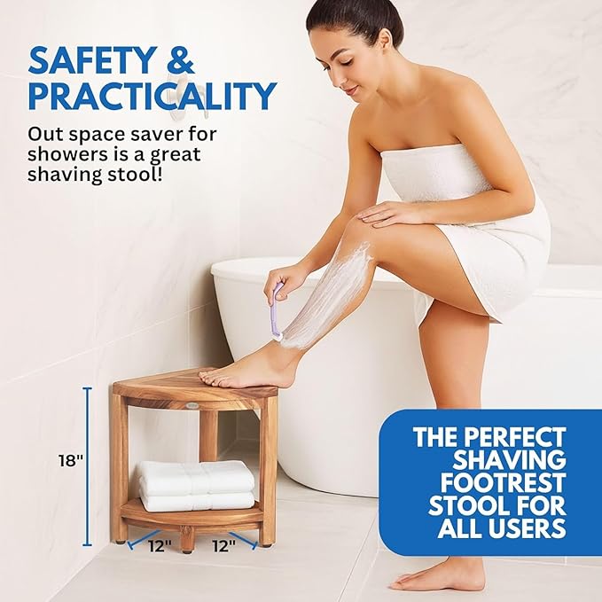 EcoDecors Fully Assembled SnazzyCorner® 18" Teak Shower Bench, Corner Shower Stool, w Shelf in Earthy Teak Finish, Compact Fit for Small Bathrooms & Walk-in Showers – Slip-Resistant Feet, Sauna Bench