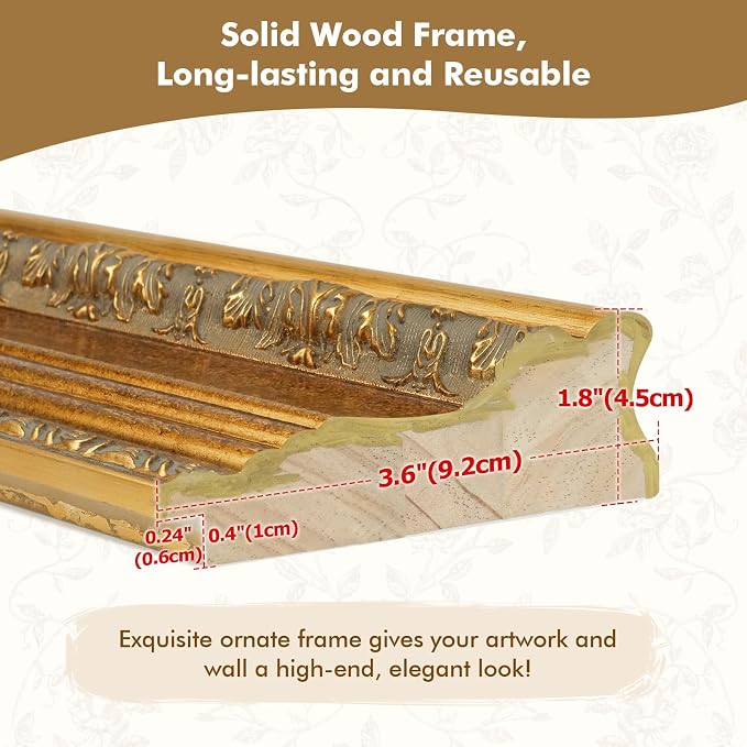3.6" Wide DIY Vintage Frame for 24x36 Rococo Abstract Paintings, Traditional Wood Ornate Frames for Art Lover Housewarming Birthday Wedding Grandparents Teacher Gift, No Glass & Back (Gold)