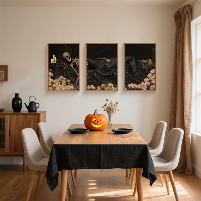 Spooky Halloween Dark Gothic Skull Framed Canvas Wall Art Set,Vintage Skeleton Wall Decor,Moody White Roses Candle with Silk Drape Artwork for Living Room,Bedroom,Farmhouse-16 x24 x3