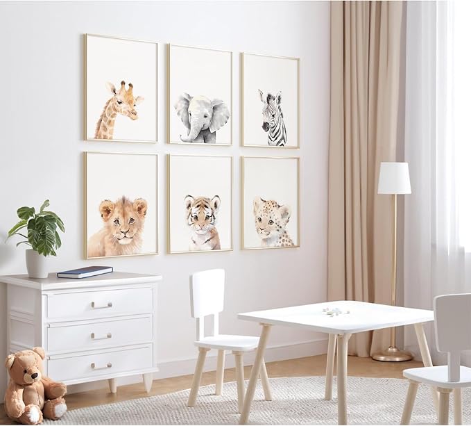 Tanmart Nursery Animal Wall Art Decor Baby Safari Canvas Prints Jungle Animal Wall Art Poster Baby Room Art Nursery Safari Pictures for Bedroom Boys Room 12x16 Inch Set of 6 Unframed