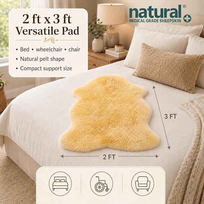 Natural Sheepskin for Bed Sores and Skin Irritation | Hastings 100% Real Medical Sheepskins with Non-Slip Back for Pain Relief and Discomfort, Wool Seat Pad, Natural, 2 ft x 3 ft.