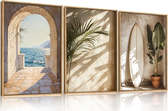 French Landscape Framed Canvas Wall Art Set, Ocean Coastal Style Wall Decor, Palm Tree Surfboard Wall Painting, Ocean Seascape Art Prints for Living Room, Bedroom, 16×24inches