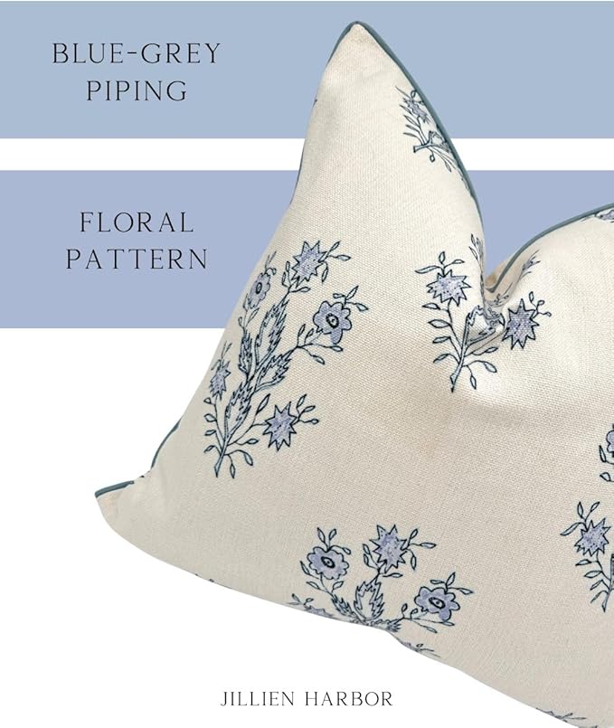 Jillien Harbor "The Mary Block Print Floral Decorative Pillow Cover – Double-Sided Blue & White Periwinkle Accent Pillow Cover – Grandmillennial Home Decor – 26"x26"