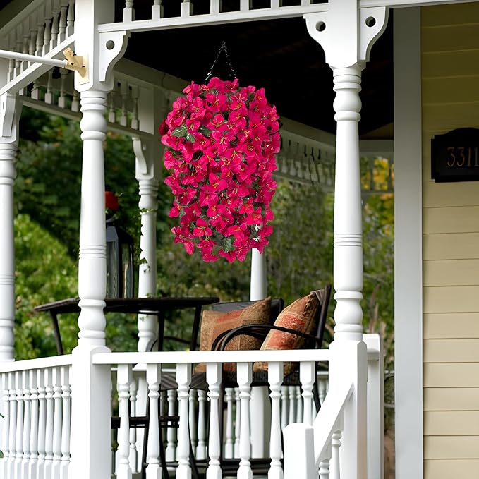 INXUGAO 2 pcs Artificial Faux Bougainvillea Flowers Plants for Outdoor Outside Summer Decoration, Fake Silk UV Resistant Long Trailing Vines for Front Door Porch Planter Balcony (Purple Rose Red)