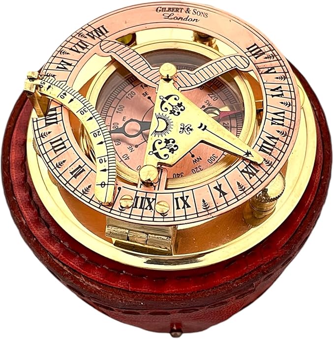 Personalized Engraved Antique Brass & Copper Sundial Compass, Sundial Clock in Leather Box Gift Sun Clock Ship Replica Watch