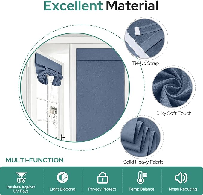 HOMEIDEAS 100% Stone Blue Linen Blackout French Door Curtains, Privacy Door Window Curtains, 26 X 72 Inch Room Darkening Blinds, Thermal Insulated Shades for Bedroom, 1 Panel
