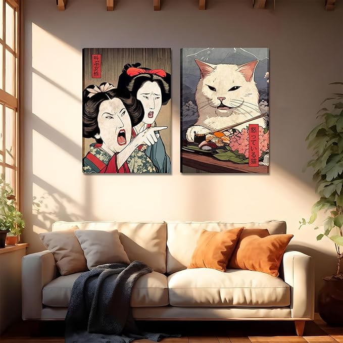 Funny Anime Posters Japanese Decor Set of 2 - Woman Yelling at Cat Canvas Wall Art, Vintage Anime Cat Wall Decor for Living Room, Corridor, Kitchen Home Decor - 12x16 in Framed