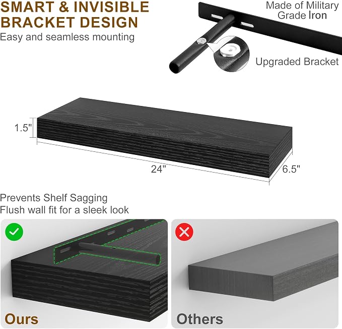 Fun Memories Floating Shelves for Wall, 24Inch Floating Shelves Set of 2, Hanging Shelf with Invisible Brackets, Wood Shelves for Living Room, Bedroom, Black