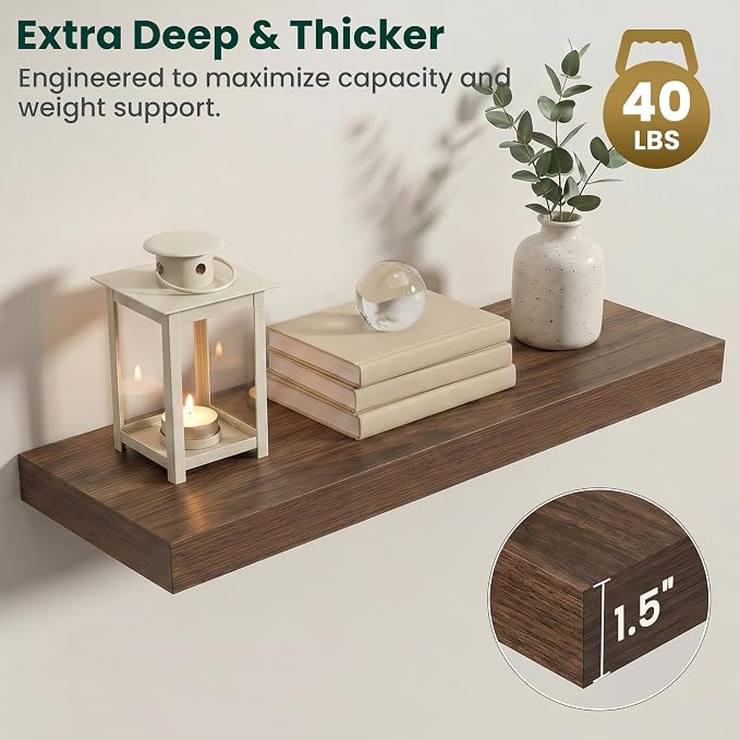 Floating Shelves for Wall 32 in x 9.3 in Deep, Wall Mounted Rustic Wood Shelf with Invisible Brackets for Storage & Display, Living Room Bedroom Bathroom, Walnut, 2 Pack