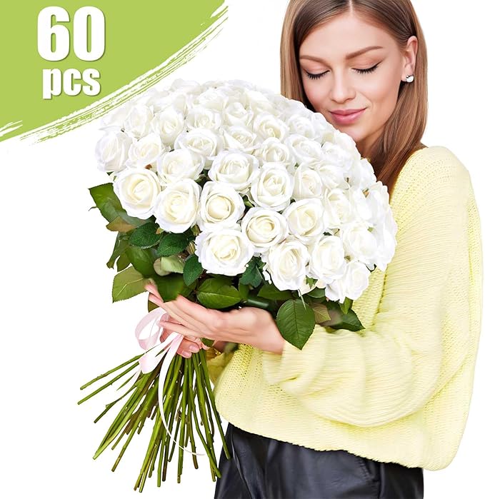 Rowfad 60 Pcs Artificial Roses Bulk Velvet Silk White Roses White Roses for Wedding Centerpieces Bridal Bouquet Mohter's Day Valentine's Day Home Decor (60, White)