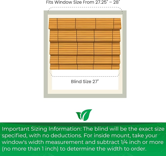 CALYX INTERIORS Cordless Bamboo Roman Shade Blind, Light Filtering, 27" W x 64" H, Ceylon Chestnut