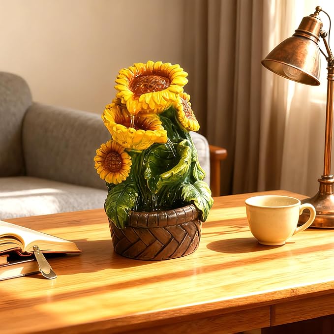 Tabletop Water Fountain Indoor Themed Sunflower Fountain Indoor Table Top Waterfall Desk Decor for Home Meditation Relaxation(Sun)