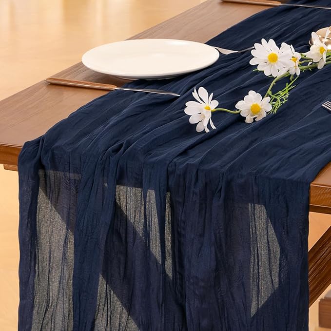 Socomi 6pcs Navy Blue Easter Spring Cheesecloth Table Runner Boho Rustic Gauze 120 inch 10FT Cheese Cloth Runner for Wedding Party Baby Shower Birthday Home Decor Holiday Decorations