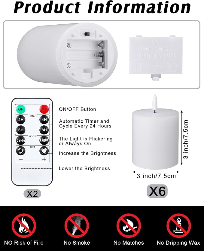VIHOSE 6 Pack White Flameless Candles Set with Remote and Timer Flickering Flameless Battery Candles Flat Top LED Pillar for Wedding Outdoor Home Festival Decoration(D 3" H 3")