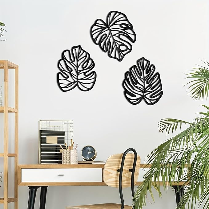 Palm Leaves Wood Wall Decor , 3Pcs Tropical Wall Art Jungle Decor, Wooden Natural Leaves Plant Wall Decor, Vintage Tropical Plant Plaque for Home Living Room Kitchen Bedroom Bathroom & Garden, Black