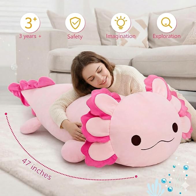MaoGoLan 47" Giant Axolotl Stuffed Animal,Ultra Soft Salamander Kids Body Pillow Plush,4 Feet Jumbo Throw Pillow Plushie for Axolotl Lover,Home Decor,Gifts