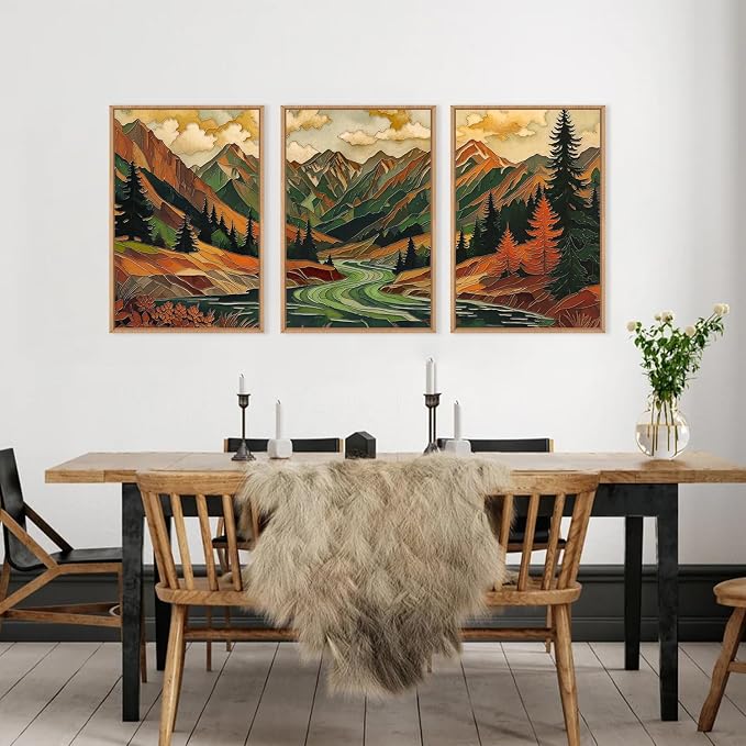 HPINUB Abstract Boho Mountain Framed Canvas Wall Art Set,Vibrant Forest Pine Tree Wall Decor,Textured Landscape Artwork Rustic Linear Scenery Art Print for Living Room,Bedroom,Office-24 x36 x3