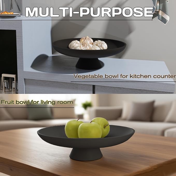 12 Inch Concrete Pedestal Catch All Fruit Key Decorative Bowl Black | Heavy duty concrete pedestal fruit key bowl with cork base, decor for kitchen counter, entryway & coffee table storage