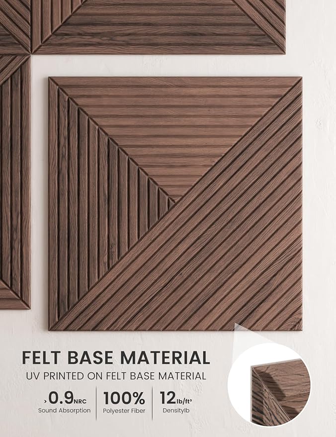Fluxynara Large Felt Bulletin Board,Cork Board Alternative 70.87'' x 47.24'' Art Acoustical Wall Panels-6 Pack with 60 Adhesive Tabs,for Recording Studio/Home Offices-Walnut/Facet