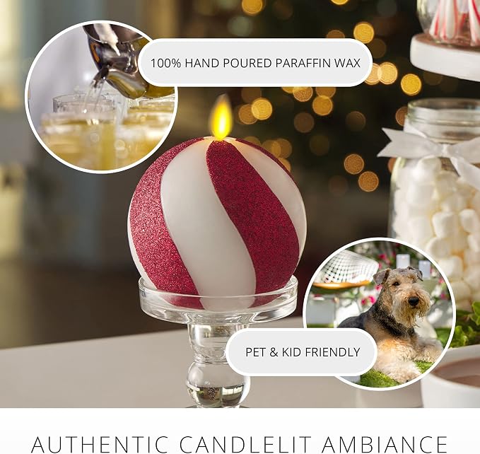 Luminara - Flameless Holiday Crystal Beads Glitter Sphere Candle - Candy Cane Red - Pack of 1-4x4.25 - Auto Timer Built-in 5-Hour Timer Indoor Use