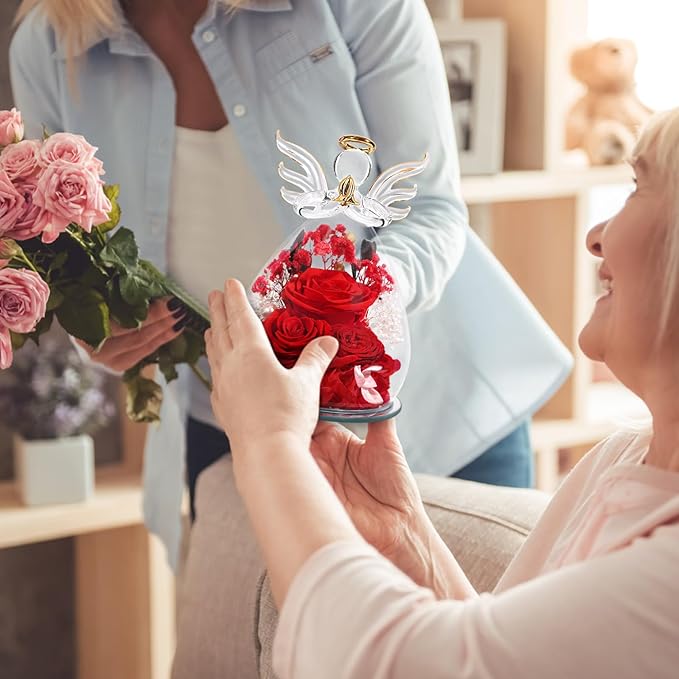 Gifts for Mom Mothers Day Birthday Gifts for Women Preserved Rose Forever Flower in Glass Angel Figurines Fresh Flowers for Delivery Anniversary Real Colorful Roses for Grandma Her Wife from Daughter