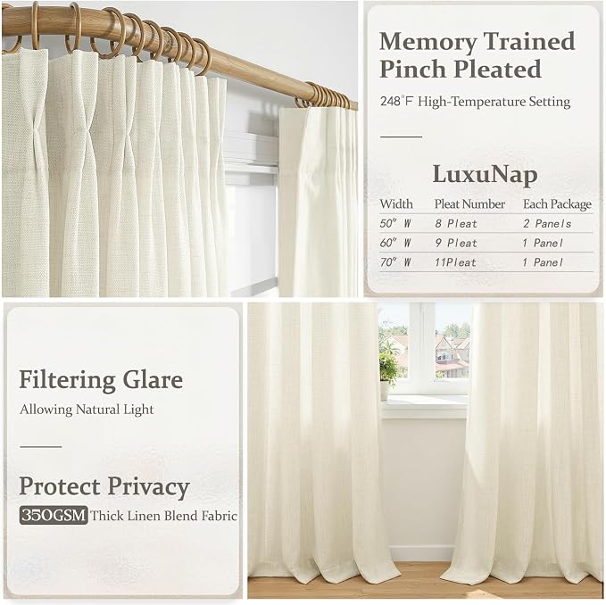 Cream Linen Semi Sheer Curtains 84 Inches Long for Sliding Glass Doors, Memory Shape Pinch Pleated Farmhouse Light Filtering 7FT Length Window Curtain Privacy Drapes with Back Tab (50"Wx84"Lx2 Panels)