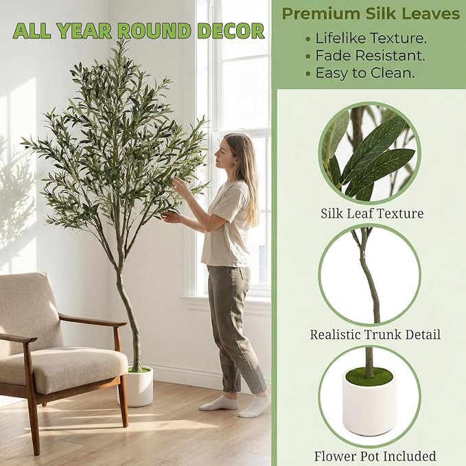 7ft Fake Olive Tree Artificial Indoor,Faux Olive Tree with Pot,Large Olive Branches and Lifelike Fruits,for Home Office House Living Room Decor.