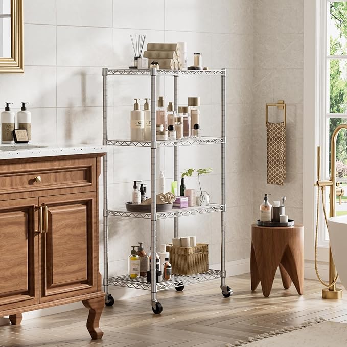 Golpart 4 Tier Shelves Storage Shelf Wire Closet Bathroom Organizers Metal Pantry Kitchen Garage Shelving Unit Laundry Room Organization Home Rack Net Basket White with Wheels 14”D X 24”W X 48.9”H