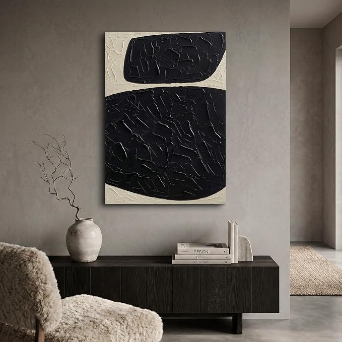 Large Modern Black Abstract Wall Art, Thick‑Texture Oil Painting Wall Decor | 28x40 In Minimalist Hand‑Painted Canvas Artwork for Living Room Bedroom Office, Original Neutral Vertical Wall Art Home Decor