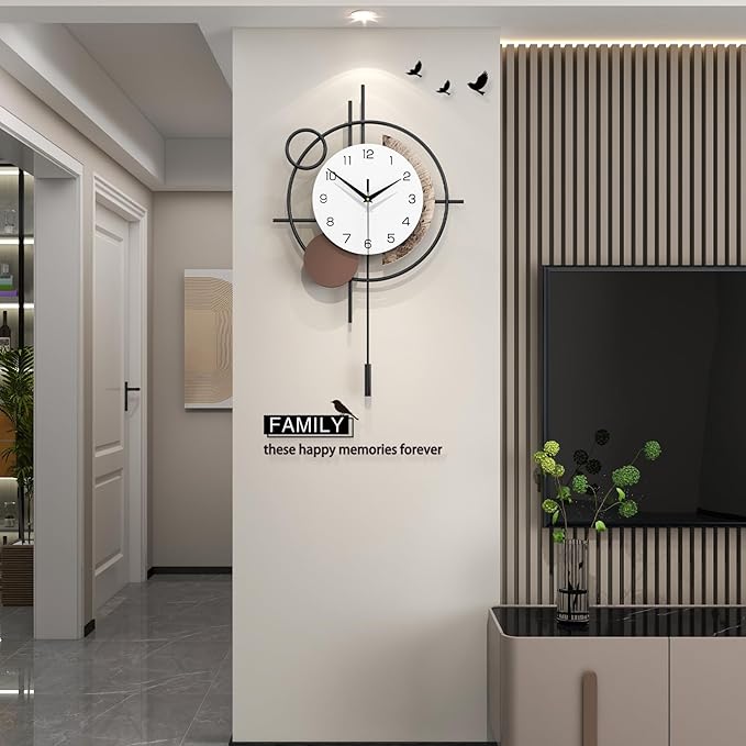 Wall Clock Decorative Modern Wall Clocks with Pendulum Silent Non-Ticking Quartz Clock Battery Operated Large Clock for Living Room,Kitchen,Home,Bathroom,Bedroom Wall Art Decor