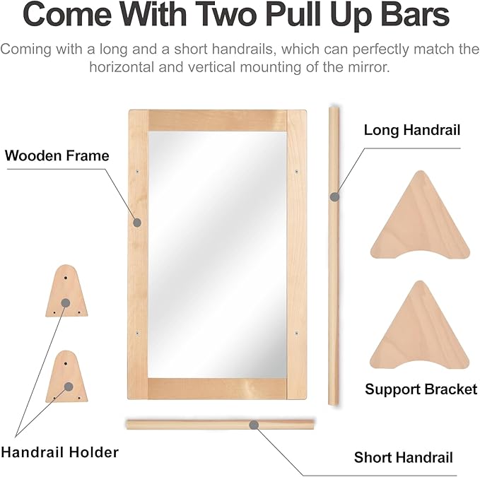 3-in-1 Baby Montessori Wooden Frame Non-Shatter Safety Mirror w/ 2 Pull Up Bars, Infant Coordination Small Mirror for 6-18 Months