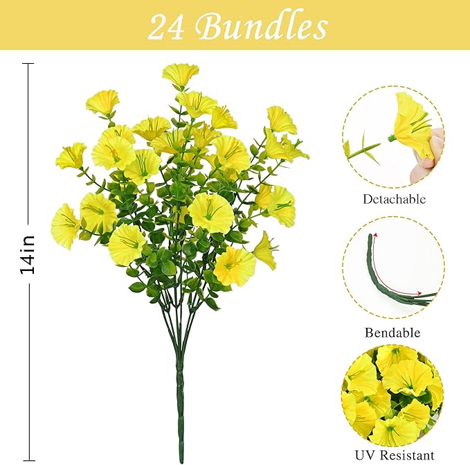 Waipfaru 24 Bundles Artificial Flowers for Outdoors Faux Plants Outdoor, UV Resistant Artificial Plants, Silk Petunias Fake Flowers for Outside Home Decor Planter Porch Decoration, Yellow