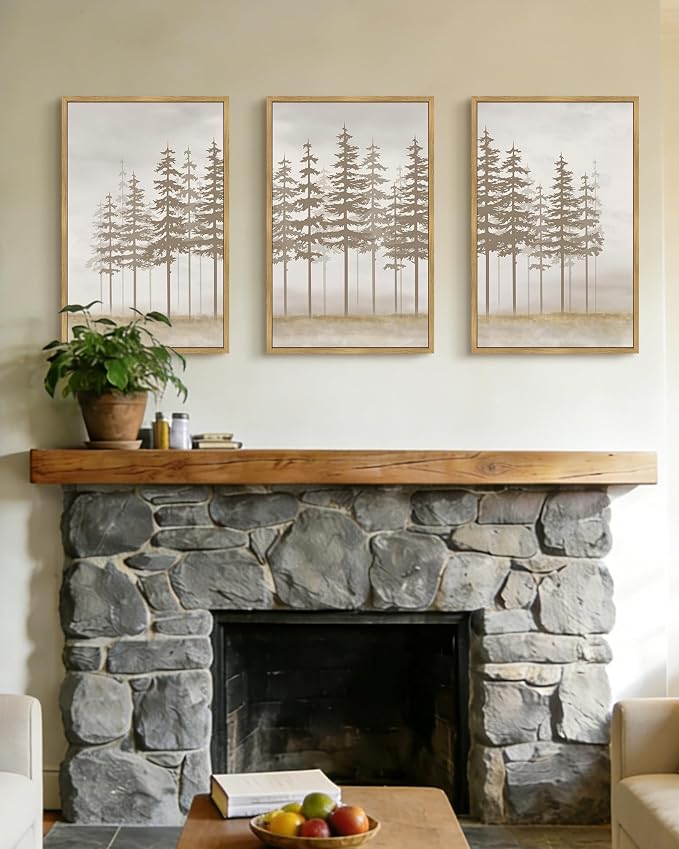 PHOPAGO Watercolor Foggy Pine Tree Framed Wall Art Large 16x24in Nature Abstract Misty Forests Wall Decor Farmhouse Rustic Paints for Bedroom Home Office - Natural Framed