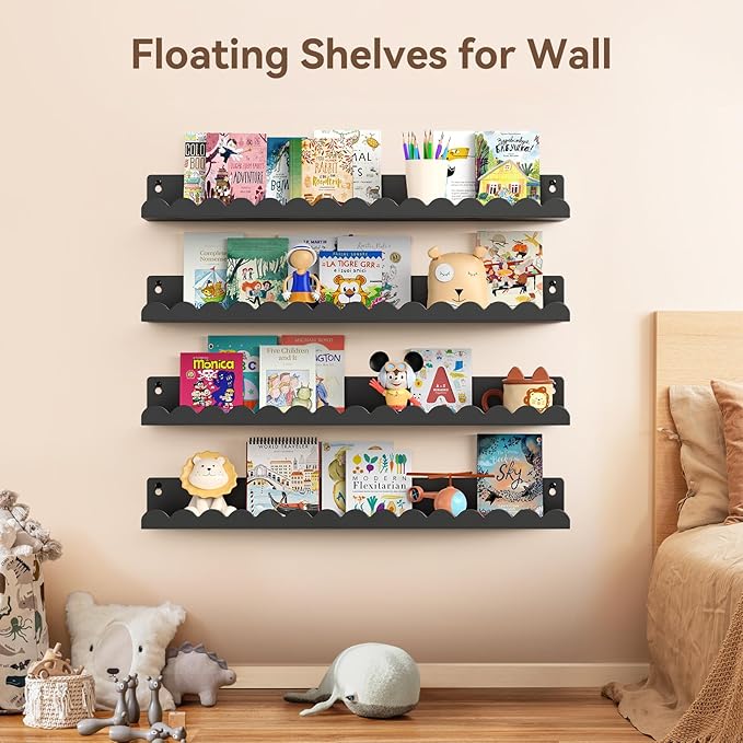 Floating Shelves for Wall, 23 Inch Metal Nursery Book Shelves 4 Pack, Wall Mounted Book Shelf for Kids Room, Bedroom, Bathroom, Playroom Decor (Black)