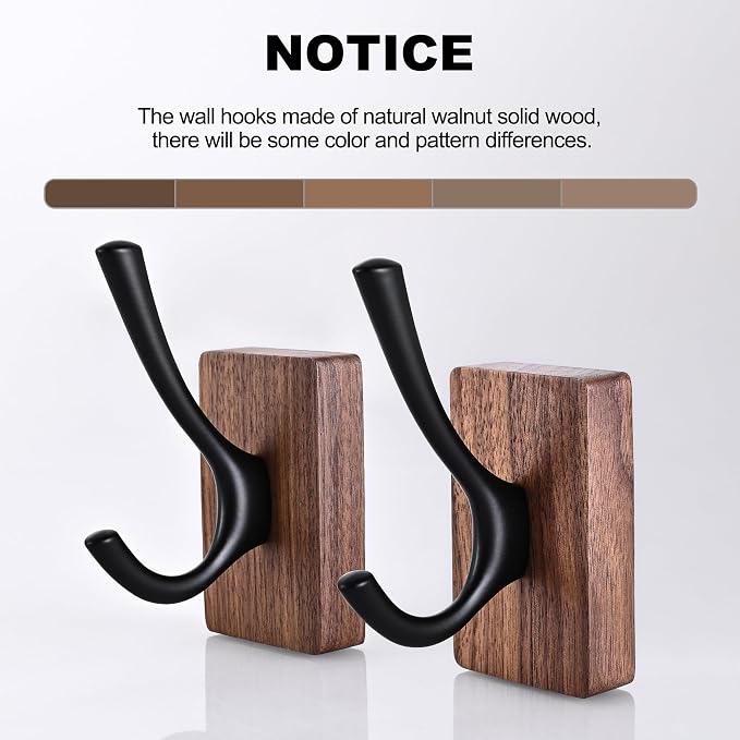 8 Pack Walnut Wood Wall Coat Hooks for Hanging, Adhesive Mounted & Wall Mount Heavy Duty Decorative Wooden Double Hook hanger for Towel Backpack Hat Jacket Clothes Blanket Purse Closet Robe Key