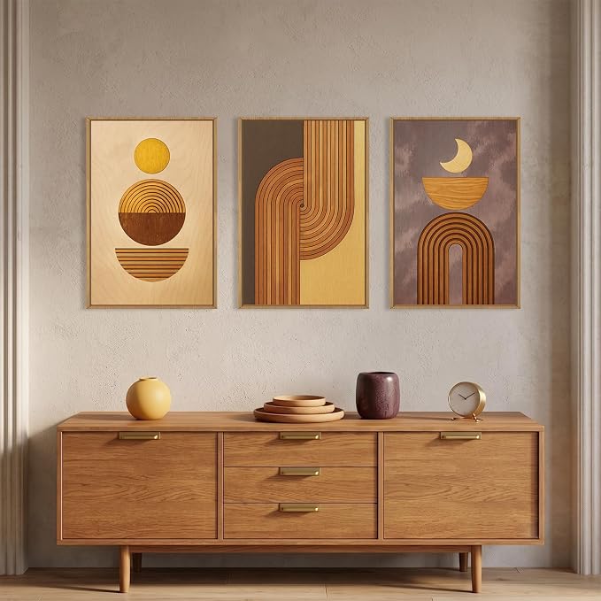 Large Boho Woodcut Framed Canvas Wall Art,Mid Century Modern Wall Decor,Abstract Geometric Brown Art Prints,Bohemian Sun and Moon Artwork for Living Room,Bedroom,Office -24"x36"x3
