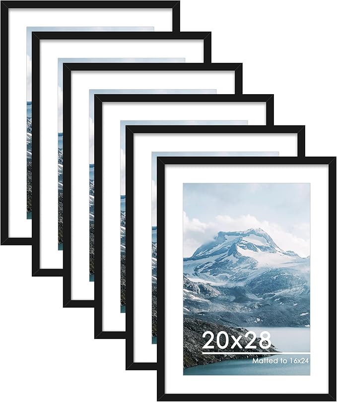 PEALSN 20x28 Picture Frame Set of 6, Display Pictures 16 x 24 with Mat or 20 x 28 without Mat for Wall Mounting or Table Top Display, Poster Frames Collage for Wall Decor, Black.