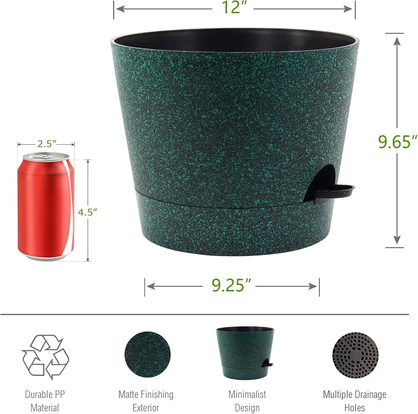 Self Watering Pots for Indoor Plants,12 inch Planters with Drainage Holes Plastic Flower Pots with Deep Reservoir, Black with Green Speckles