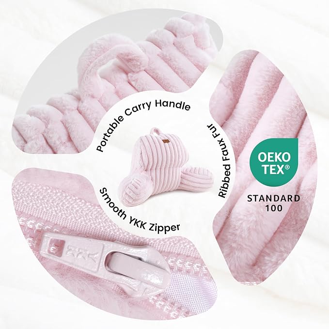 Amélie Home Faux Fur Reading Pillow with Pocket for Sitting in Bed, Kids Backrest Bed Pillow with Washable Cover for Lounging, Watching TV/Gaming/Resting/Post/Surgery/Nursing, Light Pink 17 inches