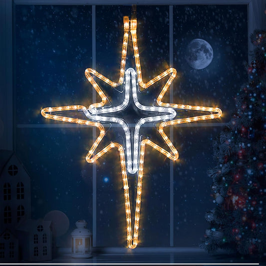 28" Christmas Star of Bethlehem LED Star Hanging Lights Nativity Holy Family Light for Door Window Porch Wall Decoration Plug Operated Lighted Hanging Tree Topper(White, Warm Light)