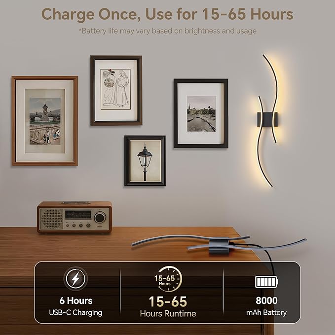 Battery Operated Wall Sconce Set of 2, Dimmable Modern LED Rechargeable Wall Light with Remote Control, Wall Decor for Living Room, Hallway, Quick Install, No Electrician Required