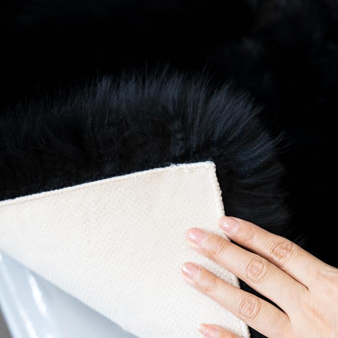 Sheepskin Chair Cushion Non-Slip Back Square Genuine Fur Chair Cover Silky Natural Wool Seat Cushion Pad Soft Area Rugs Carpet for Home Office Restaurant Chair 18x18 Inch (Pack of 1), Inky Black