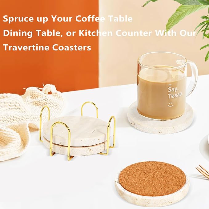 4Pcs Travertine Coasters with Nature Limestone Material and Gold Metal Holder, 4”Diameter Round Shape Bar Coasters Set with Cork Pad for Housewarming Christmas Birthday Gift