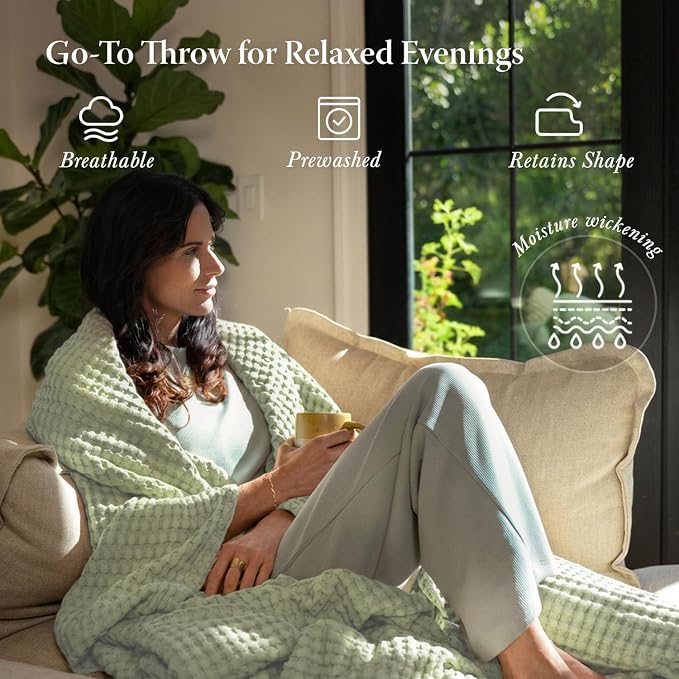 Threadmill Cooling Cotton Waffle Queen Size Blanket | Breathable, Lightweight & Ultra-Soft |Made from Rayon Derived from Bamboo | Cooling Throw Blanket for Couch and Sofa|90 x 92 Inches | Sage Green