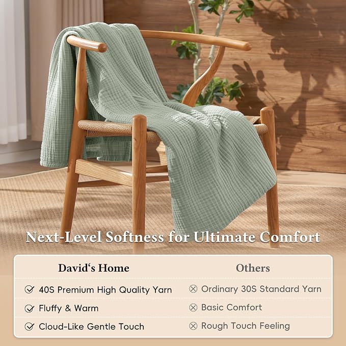 David's Home 100% Cotton Muslin Blanket Twin Size for College Dorm, 4-Layer Soft Breathable Lightweight Cozy Throw Guaze for Hot Sleepers, 3D Bubble Room Decor for Bed, Giftable, Sage Creen, 66"x90"