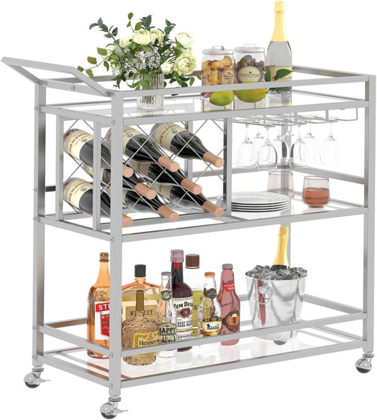 FATORRI Bar Cart Silver, Bar Carts for The Home, Home Bar Serving Carts for Liquor, Rolling Wine Cart with 3 Tier Mirrored Shelves on Wheels for Alcohol and Beverage (Silver)