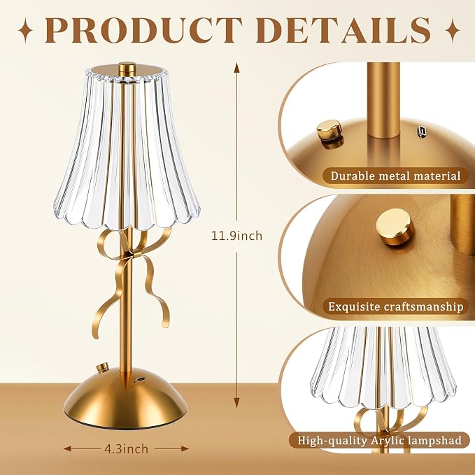Liliful 2 Pcs Cordless Table Lamp Rechargeable Touch LED Small Gold Portable Battery Operated USB-c Desk Lamp 3 Color Dimmable for Bedroom Living Room Dining (Gold,Bow Rose Style)